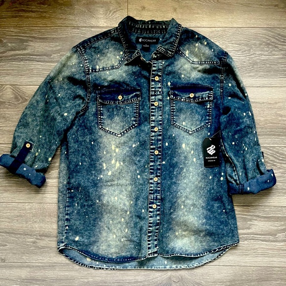 NEW Rocawear Denim Long Sleeve Bleach Splatter Men’s Cuffed Button Down Size XL - Picture 1 of 9